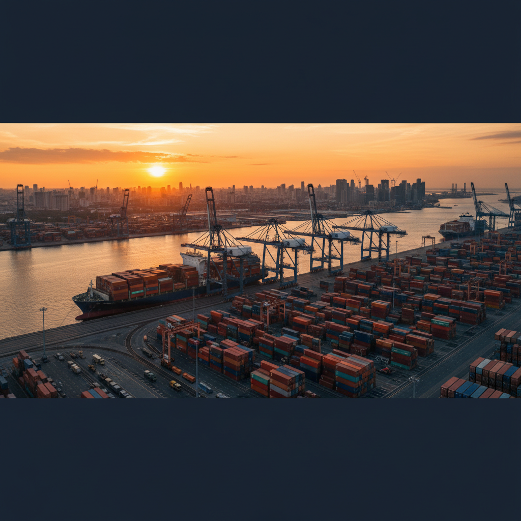 Global shipping and logistics port at dusk